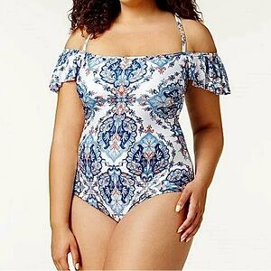 Becca ETC BLUE MULTI Plus Size Naples Ruffle X-Back One Piece Swimsuit 1X New